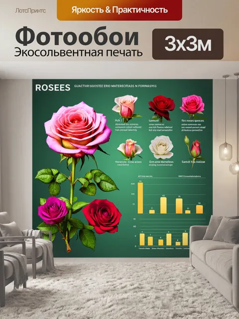 Фотообои розы в стиле инфографический рисунок, комбинация флоры и схем, данные о видах роз