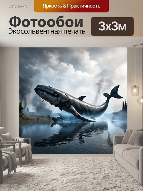 Фотообои озеро в стиле стимпанк, где на поверхности плавает величественный механический кит с паровыми облаками вокруг