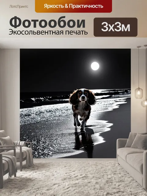 Фотообои ночное небо, служащее фоном для радостной собаки кавалер кинг чарльз спаниель, бегущей по пляжу под светом…