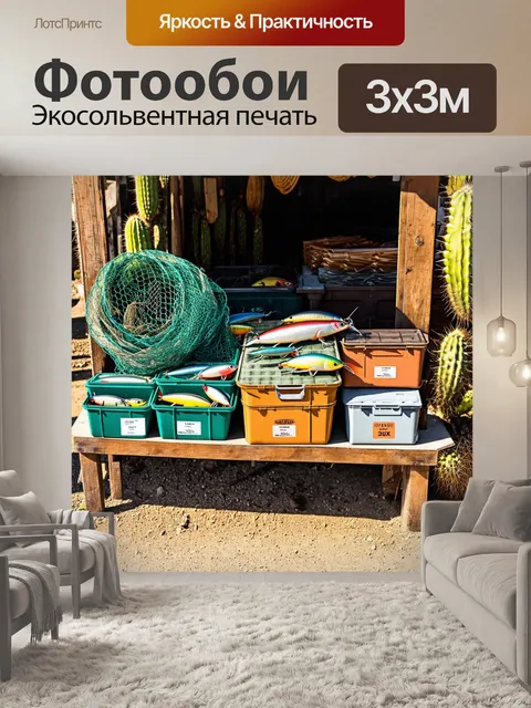 Фотообои придорожный магазин рыболовных принадлежностей: ящики, приманки и сети на фоне кактусов и жаркого солнца