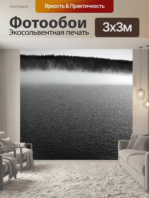 Фотообои туман в стиле черно-белый, спокойный озерный пейзаж, туман стелется над водной гладью