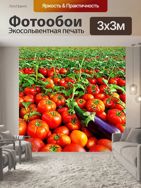 Фотообои поле, ярко окрашенное множеством созревших плодов и овощей: помидоров, баклажанов и перцев