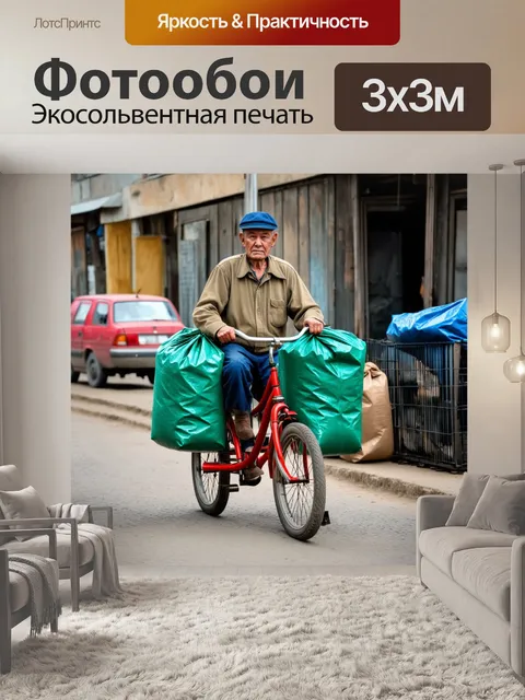 Фотообои ссср пролетарий, работающий на трёхколёсном велосипеде с мешками, с уставшим, но удовлетворённым выражением…