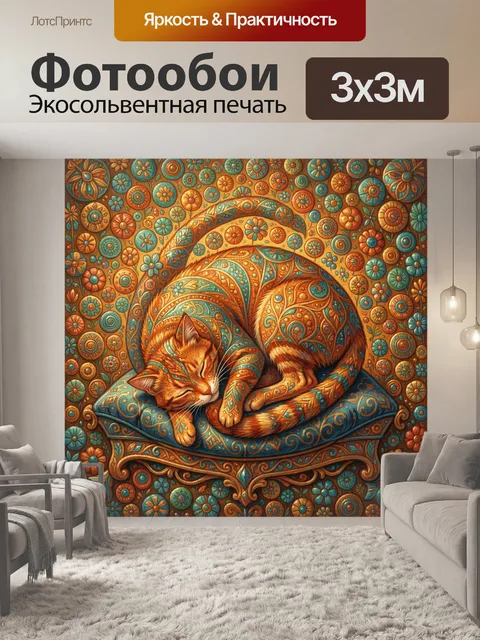 Фотообои Спящий рыжий кот на подушке