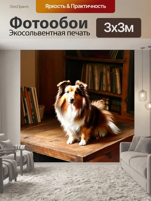 Фотообои шелти, восседающая на старом деревянном столе в деревенском доме, окруженная книгами и уютными предметами
