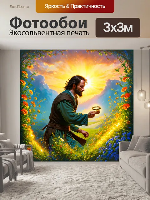 Фотообои данный момент, когда хоббит встречает старинное звенящее кольцо, окруженное яркими цветами и зеленью