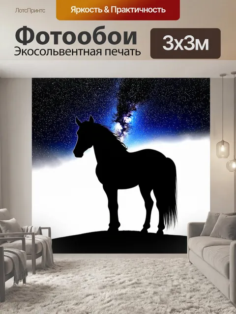 Фотообои силуэт лошади на фоне звездного неба, где видны млечный путь и яркие звезды