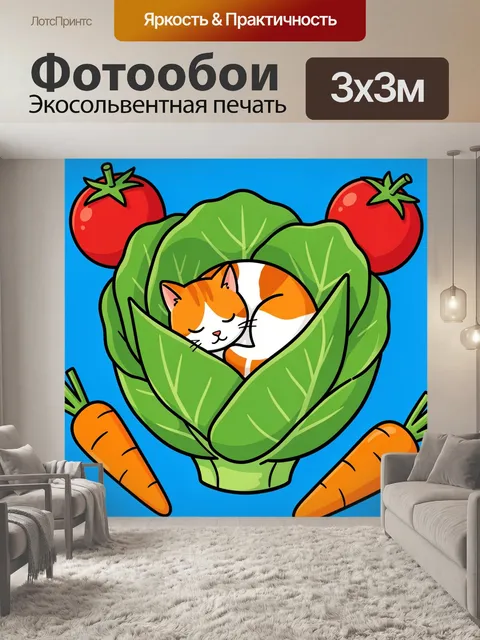 Фотообои Кот в капусте и овощах
