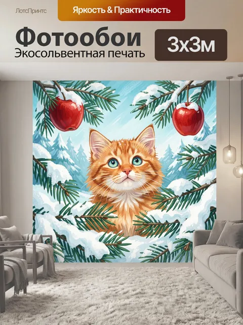 Фотообои Рыжий котенок среди еловых веток