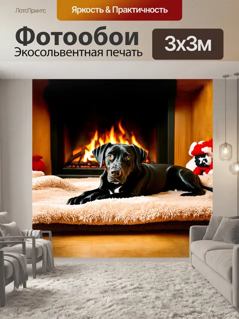 Фотообои черный лабрадор-ретривер лежит на уютном пледе у камина, его блестящие глаза смотрят с интересом
