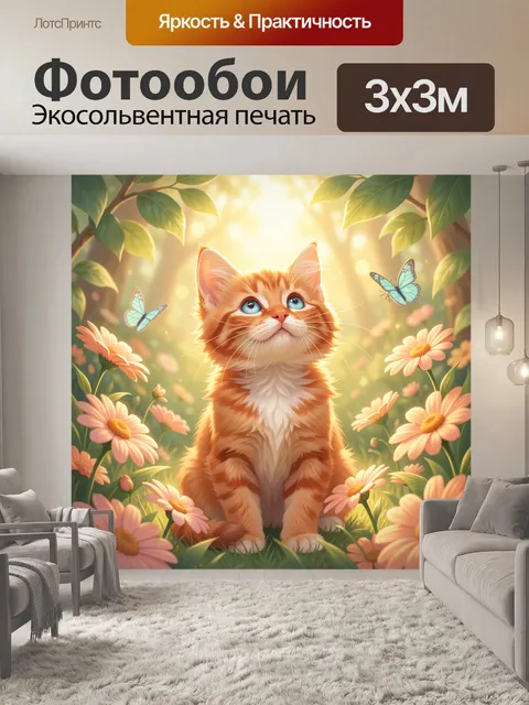 Фотообои Рыжий котёнок в цветах