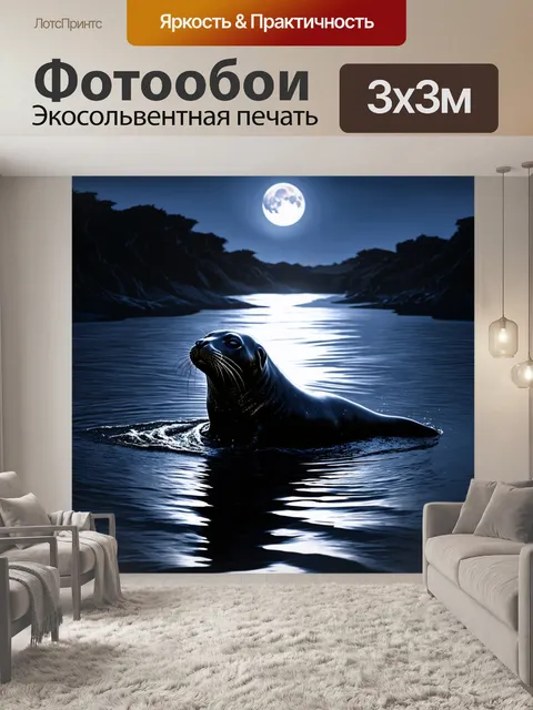 Фотообои тюлень, выныривающий из воды, луна света падает на его кожу, создавая блеск
