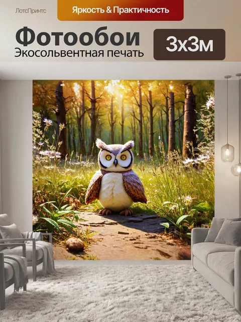 Фотообои чучело совы, установленное на дне лесной поляны, среди высоких трав и цветущих растений