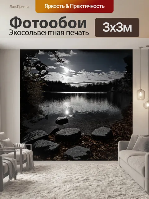 Фотообои озеро в черно-белой гамме, окружённое листьями, упавшими с деревьев, производит ощущение безмолвной глубины