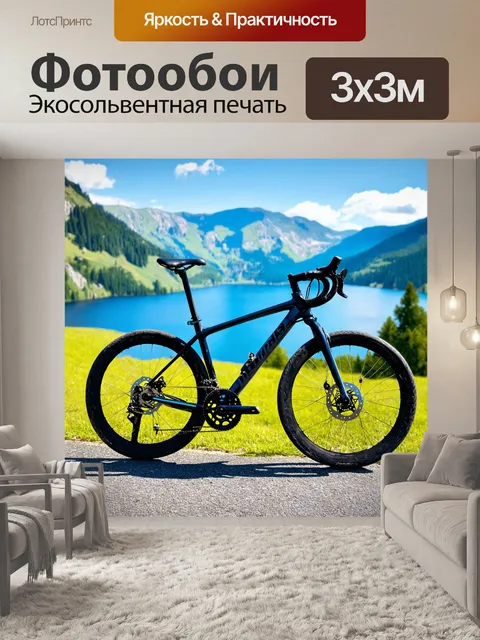 Фотообои спортивный велосипед с дисковыми тормозами, стоящий на горной дороге перед живописным видом на озеро и горы