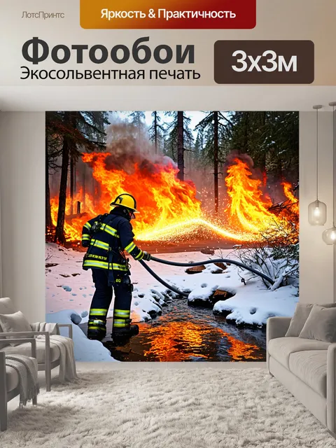 Фотообои пожарный в зимней униформе работает на фоне сильного лесного пожара