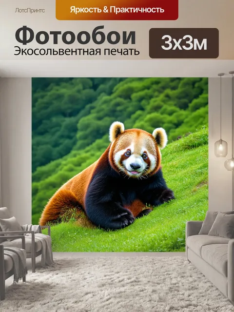 Фотообои коричневая панда, отдыхающая на зелёном холме