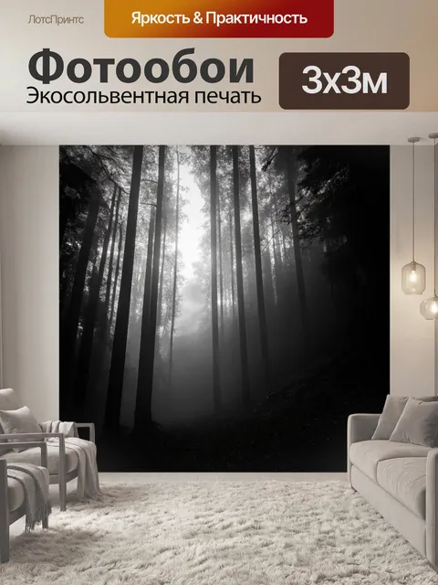 Фотообои черно-белые вертикальные полосы выглядят как световые лучи, пробивающиеся сквозь туман в лесу