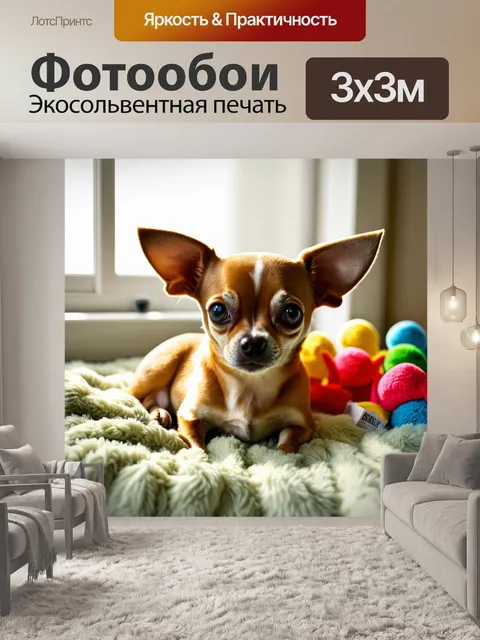 Фотообои изображение чихуахуа, уютно устроенной на мягком пледе, окруженной яркими игрушками