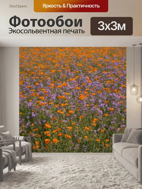 Фотообои оранжевый цвет, длиной в 100 слов, изображают поле вайолетовых и оранжевых цветов, колышущихся на весеннем…
