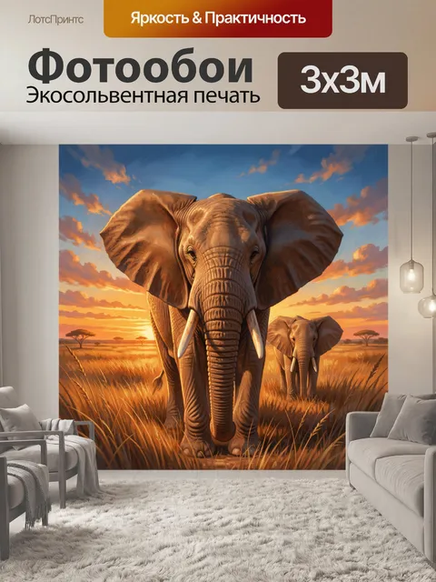 Фотообои Слоны в саванне на закате