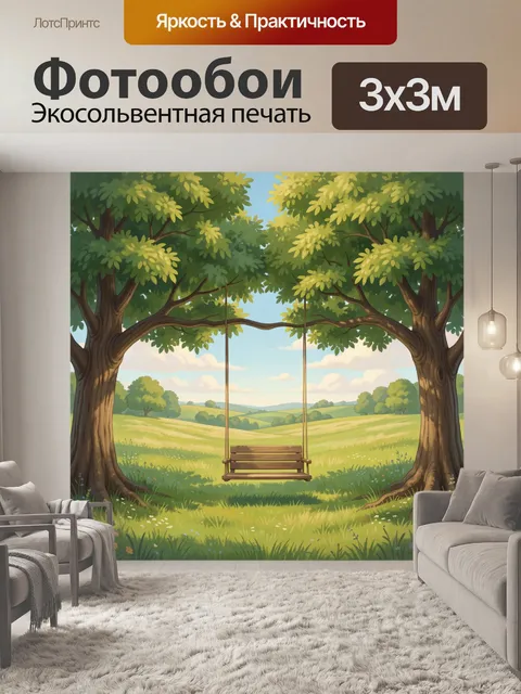 Фотообои Качели между раскидистыми деревьями