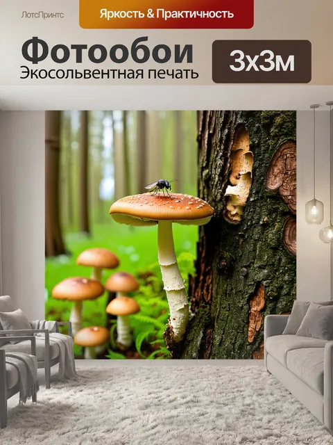 Фотообои грибы, среди которых выделяется красный мухомор, растущий на стволе старого дерева