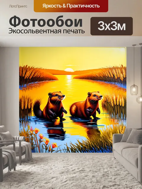 Фотообои бобры на закате в водоемах, их темные хвосты выделяются на фоне золотого света