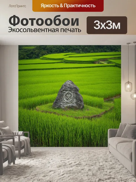 Фотообои камень, окруженный глубокими зелеными террасами рисовых полей, создающих теплую и насыщенную цветовую палитру
