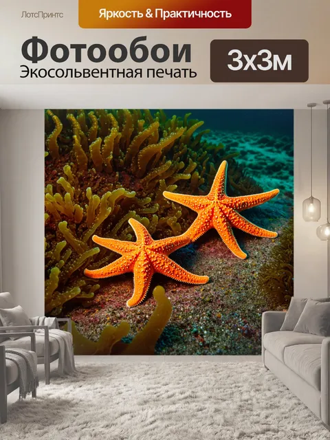 Фотообои пара морских звезд на вечернем свидании на дне океана, окруженные светящимися водорослями
