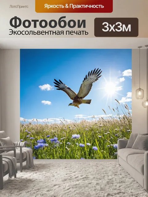 Фотообои весна, нежные цветы в поле, морозцы и васильки, голубое небо и белые облака, летящий сокол, шум ветра…