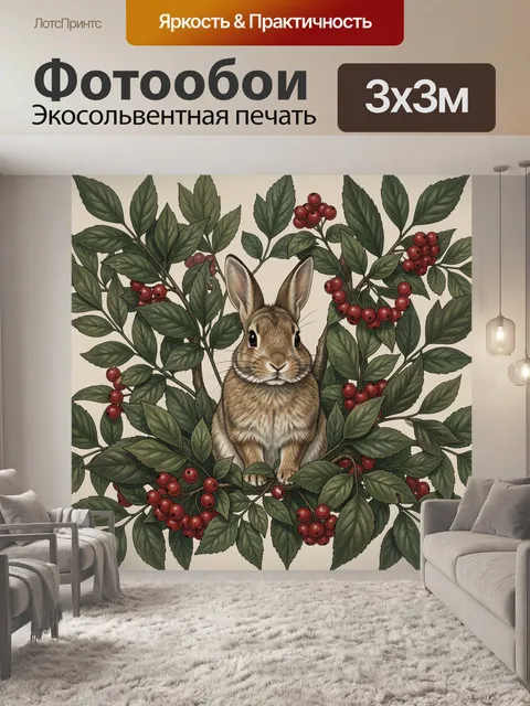 Фотообои Кролик среди ягод и листьев