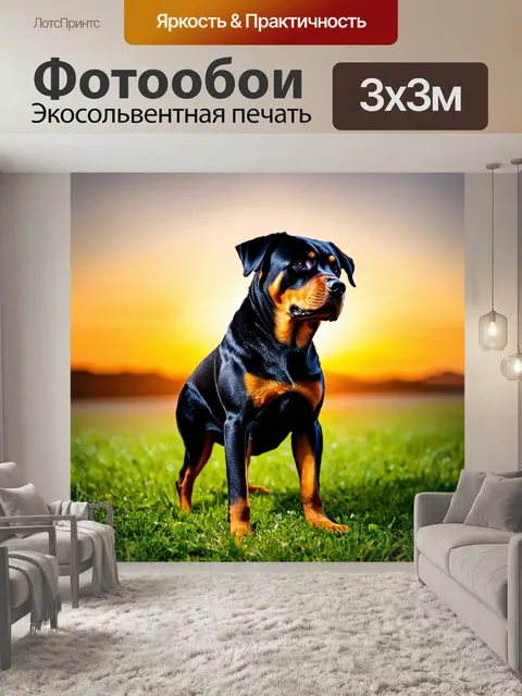 Фотообои ротвейлер на фоне заката, смотрящий в далекое будущее с силой и грацией