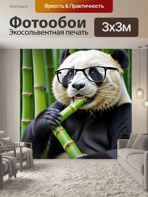 Фотообои панда, едящая бамбук в очках
