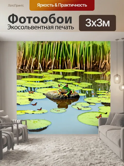 Фотообои зелёная лягушка сидит на большом, покрытом водорослями камне в центре прозрачного пруда