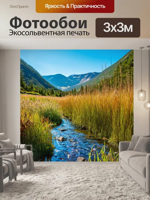 Фотообои горы с высокими травами и пресным ручьем, создающим откровение природы