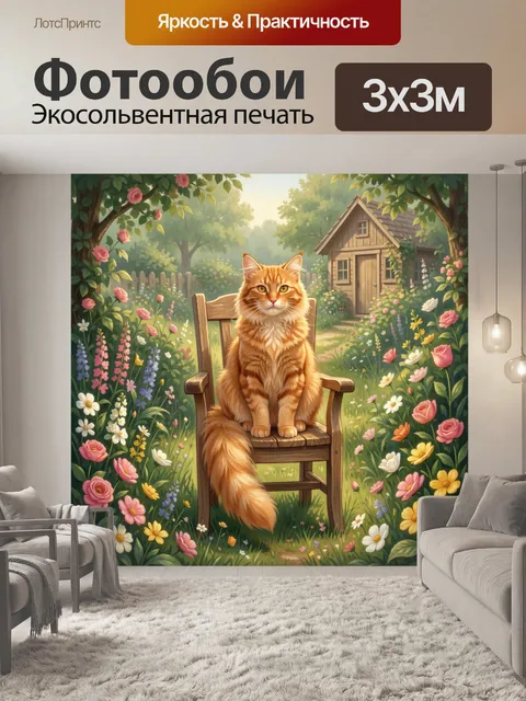 Фотообои Рыжий кот в цветущем саду