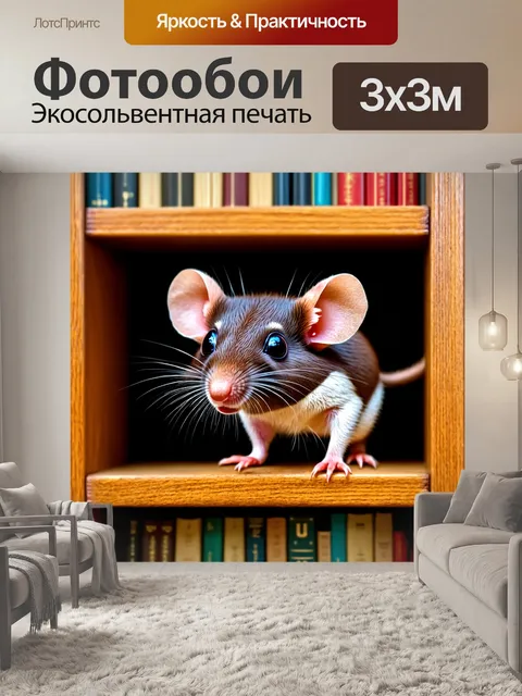 Фотообои мышка исследует старый книжный шкаф, залезая на одну из полок, её глаза блестят от любопытства