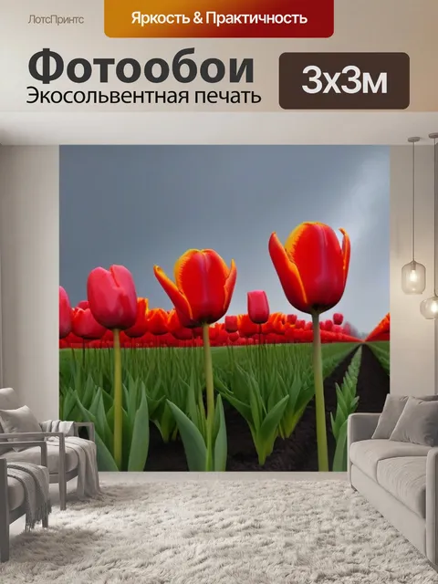 Фотообои яркие тюльпаны на фоне серого неба