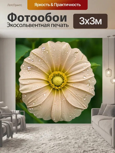 Фотообои бежевый цветок с каплями росы, макрофотография, внимание к текстуре и цвету