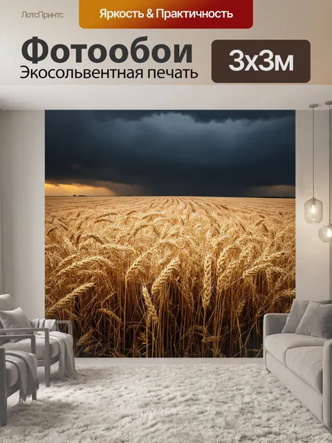Фотообои поле ржи, волны которой создают очаровательные линии на фоне темного неба, на котором надвигаются грозовые…