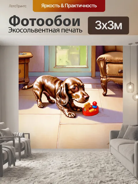 Фотообои на старом керамическом полу, кокер-спаниель нежно тянется к своей игрушке