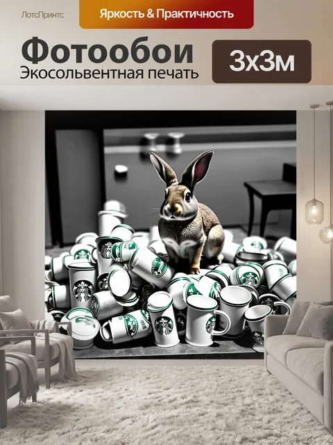 Фотообои вид заброшенного starbucks с зайцем, сидящим на куче использованных стаканчиков, как символ заброшенности