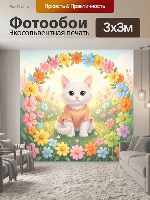 Фотообои Белый котенок в цветочном венке