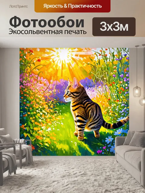 Фотообои восхитительный пейзаж с бенгальской кошкой, исследующей цветущий сад под солнечными лучами