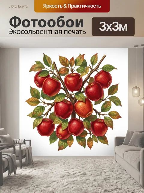 Фотообои Ветка яблок с зелёными листьями