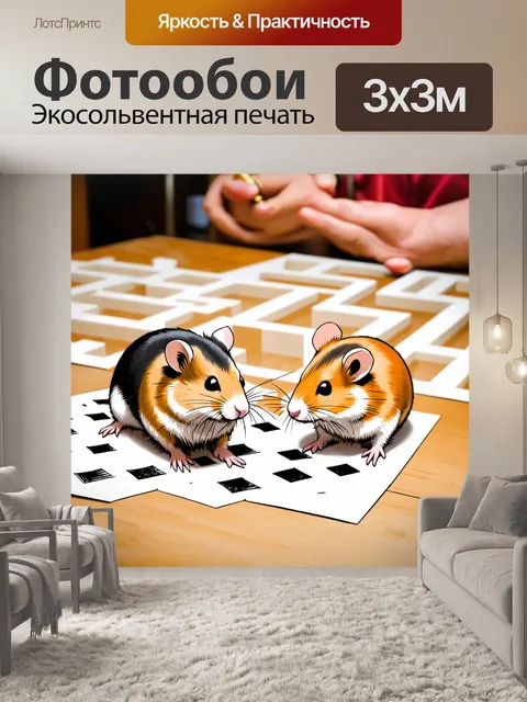 Фотообои животные в стиле японская тушь, где изображены хомяки, бегущие по лабиринту из бумаги на столе