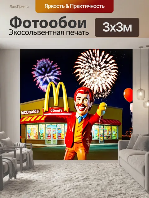 Фотообои макдоналдс в ярком ночном освещении, с атмосферой веселья и радости