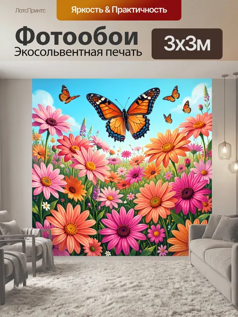 Фотообои Бабочки над цветущим лугом