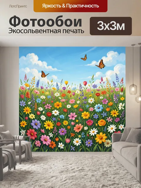 Фотообои Полевые цветы и оранжевые бабочки